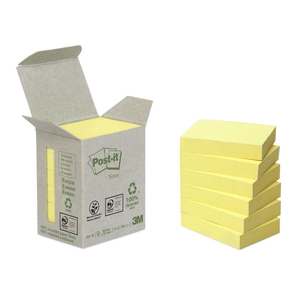 3M Post-it recyklované bločky, velikost 38 x 51 mm, žluté, 6 bločků po 100 lístků