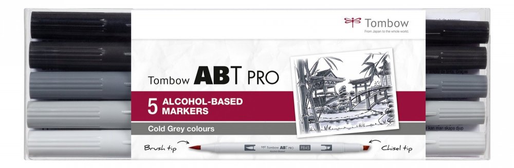 Tombow Sada obojstranných liehových fixiek ABT PRO s dvoma hrotmi – Cold Gray colors, 5 ks