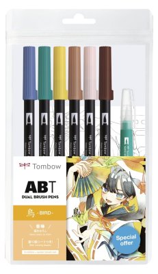 Tombow ABT sada oboustr. fixů 6ks + vodní štětec, Manga Bird