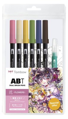 Tombow ABT sada oboustr. fixů 6ks + vodní štětec, Manga Flower